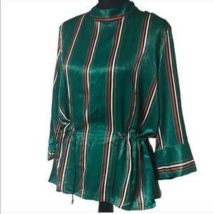 Zara Trafaluc Green/Orange/White striped top with cute waist cinch. EUC size XS